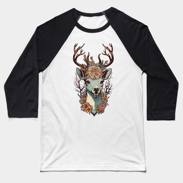 Deer Head Floral Design Baseball T-Shirt by theprintculturecollective